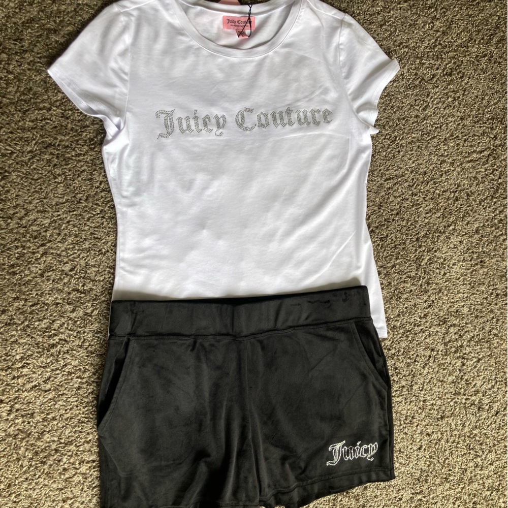 Juicy Couture Rhinestone Logo White Stretch Tee & Black Velour Shorts Set - Picture 2 of 8